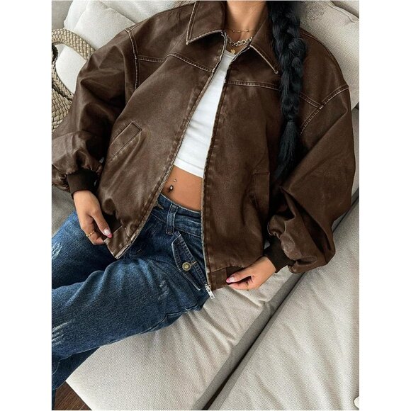 Women Brown Faux Leather Jacket Zip Up Oversized Motorcycle Outfits Winter Coats - Picture 4 of 6